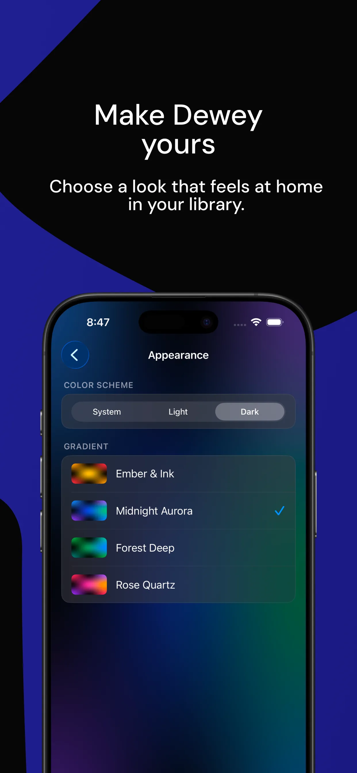 Dewey appearance settings screen